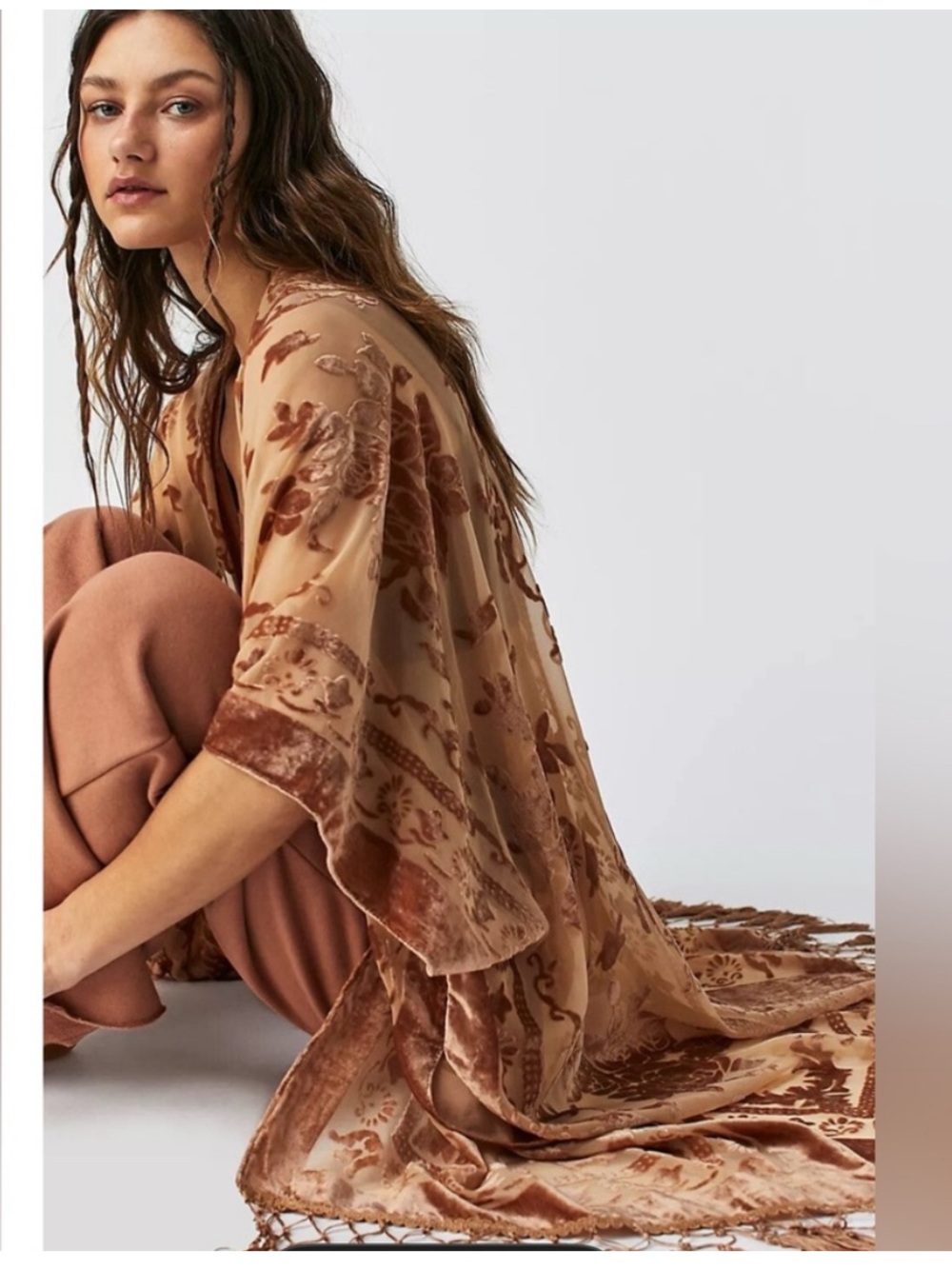 Free People Burnout Floral Kimono in Rust and Taupe